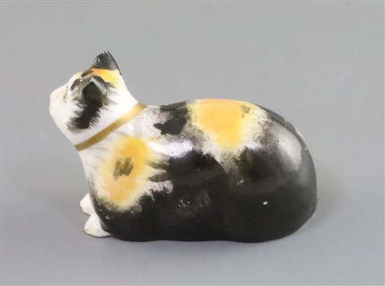 A rare Copeland & Garrett porcelain figure of a recumbent cat, c.1833-47, L. 6cm, ear chips